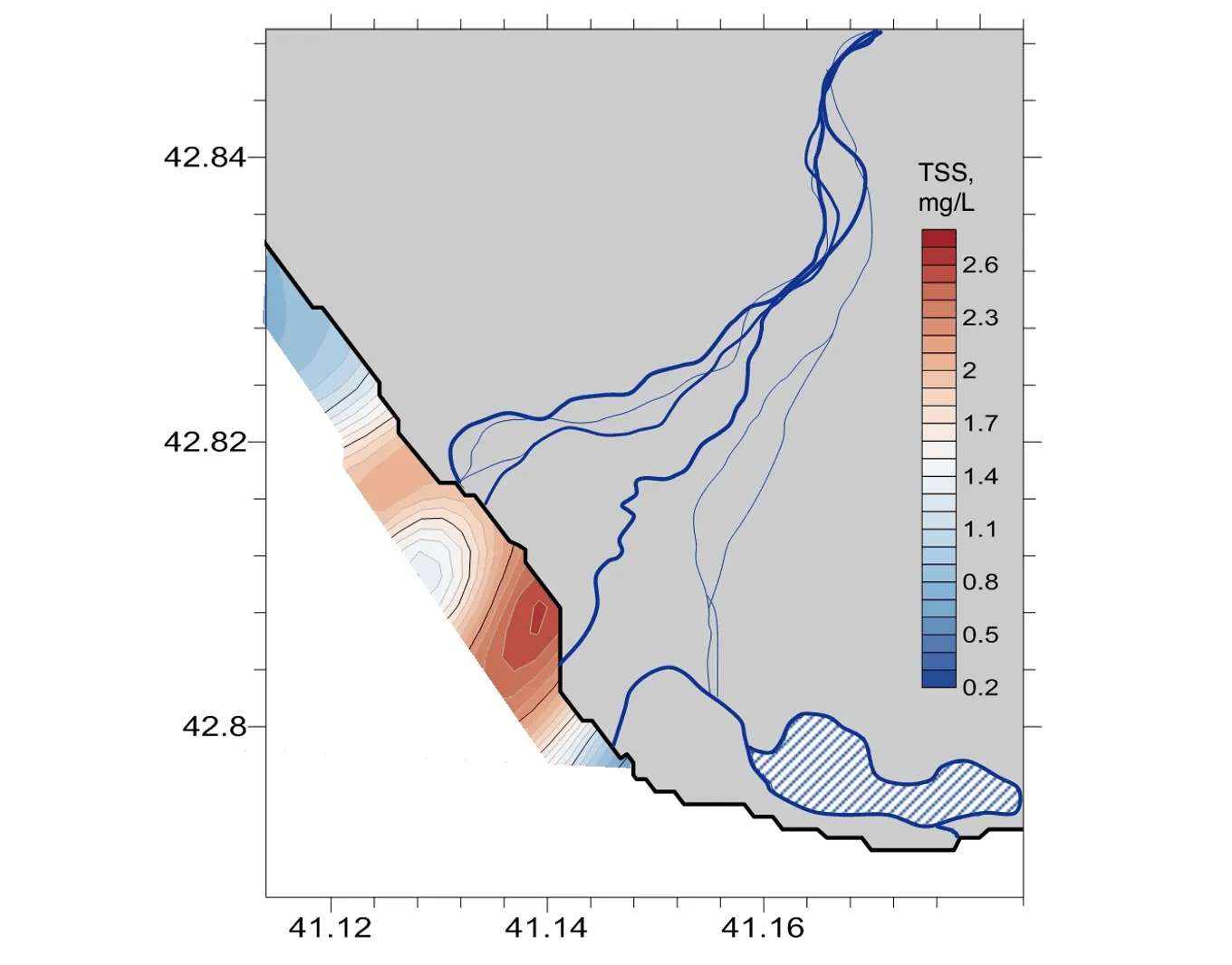 Interpolated total suspended matter field along a three-kilometre nearshore strip, peaking beside the river delta, Abkhazian coast, 29 August 2018