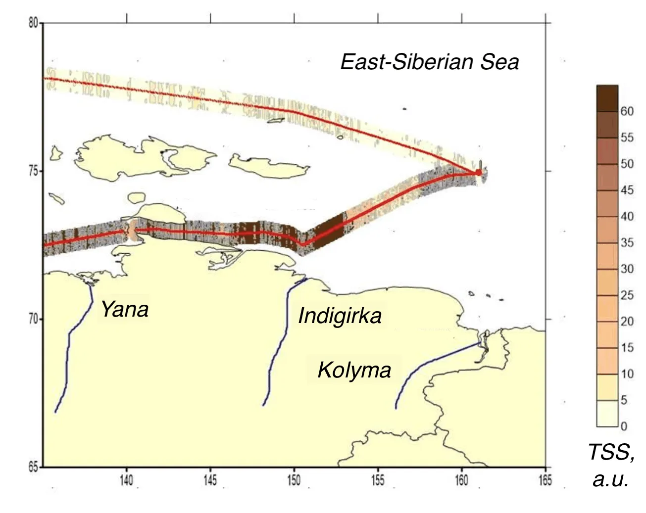 Interpolated total suspended matter field mapped along the lidar track, Kara, Laptev, East Siberian seas, East Siberian Sea leg
