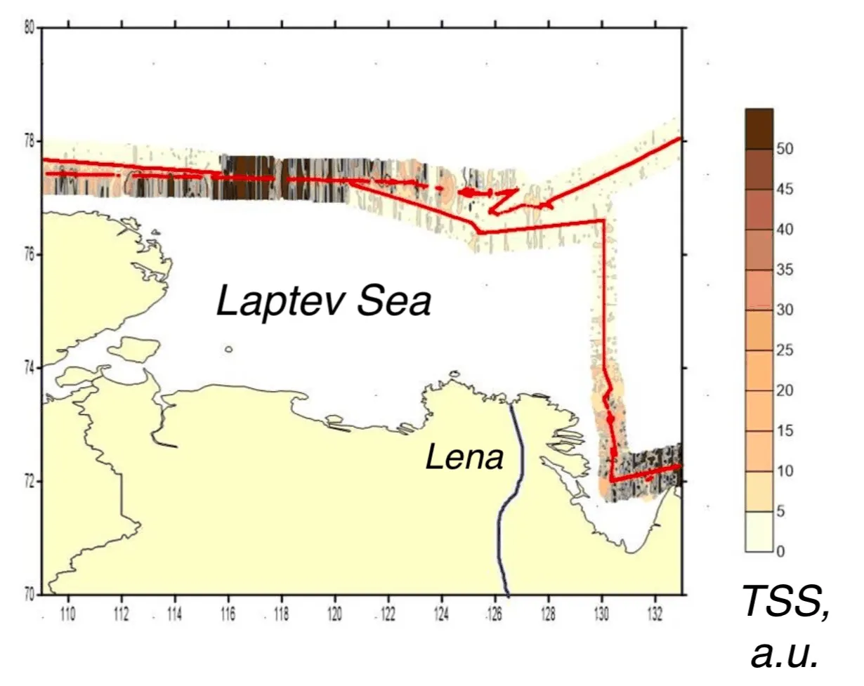 Interpolated total suspended matter field mapped along the lidar track, Kara, Laptev, East Siberian seas, Laptev Sea leg