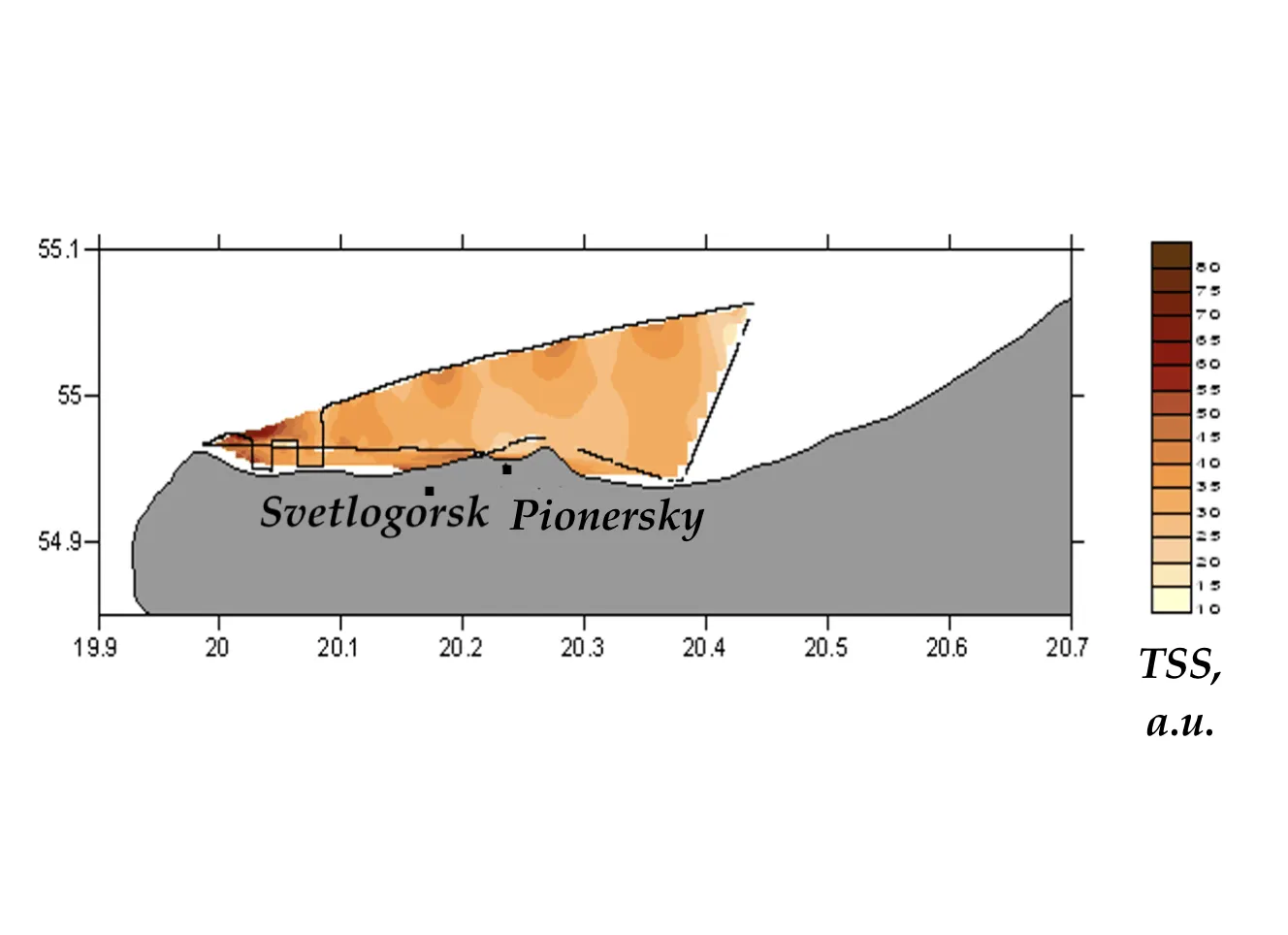 Interpolated total suspended matter field mapped along the lidar track, Gdańsk Bay, Sambian coast, Sambian coast, 2011