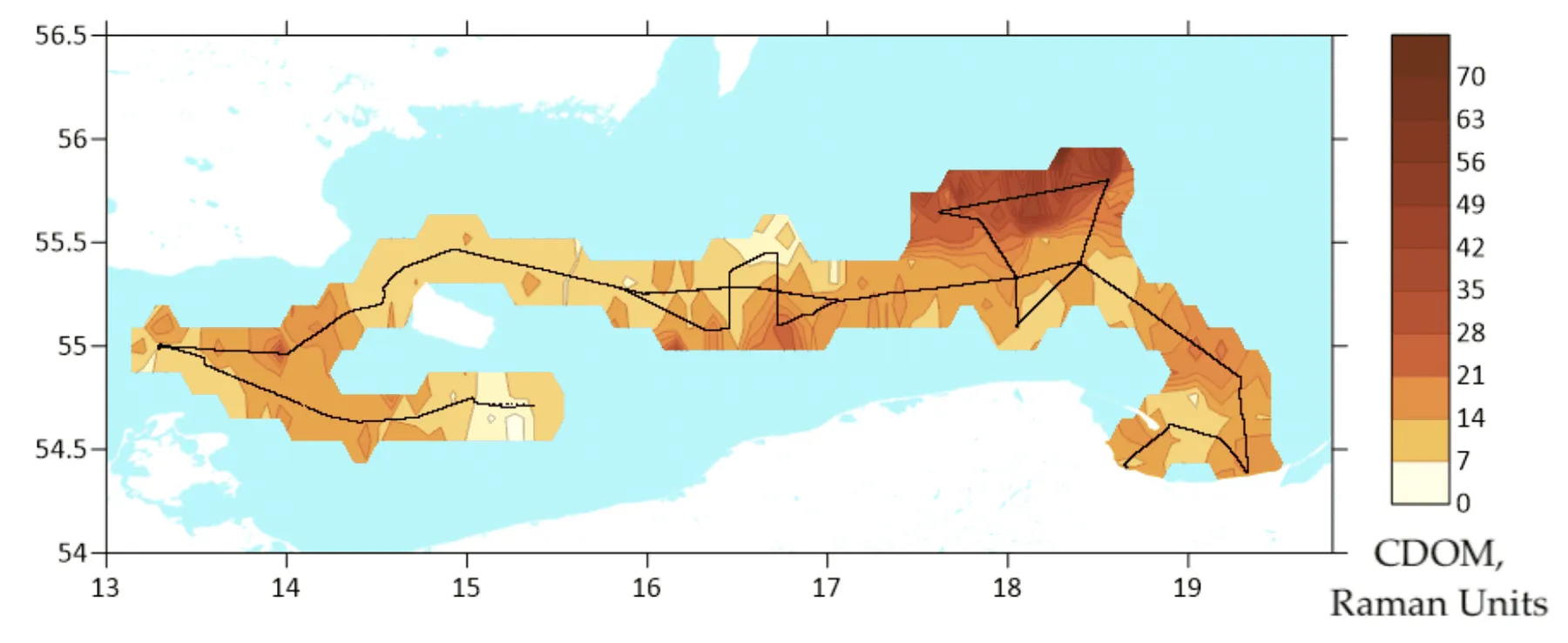 Interpolated CDOM field mapped along the lidar track, Arkona Basin to Gdańsk Bay, Arkona Basin to Gdansk Bay, 2015