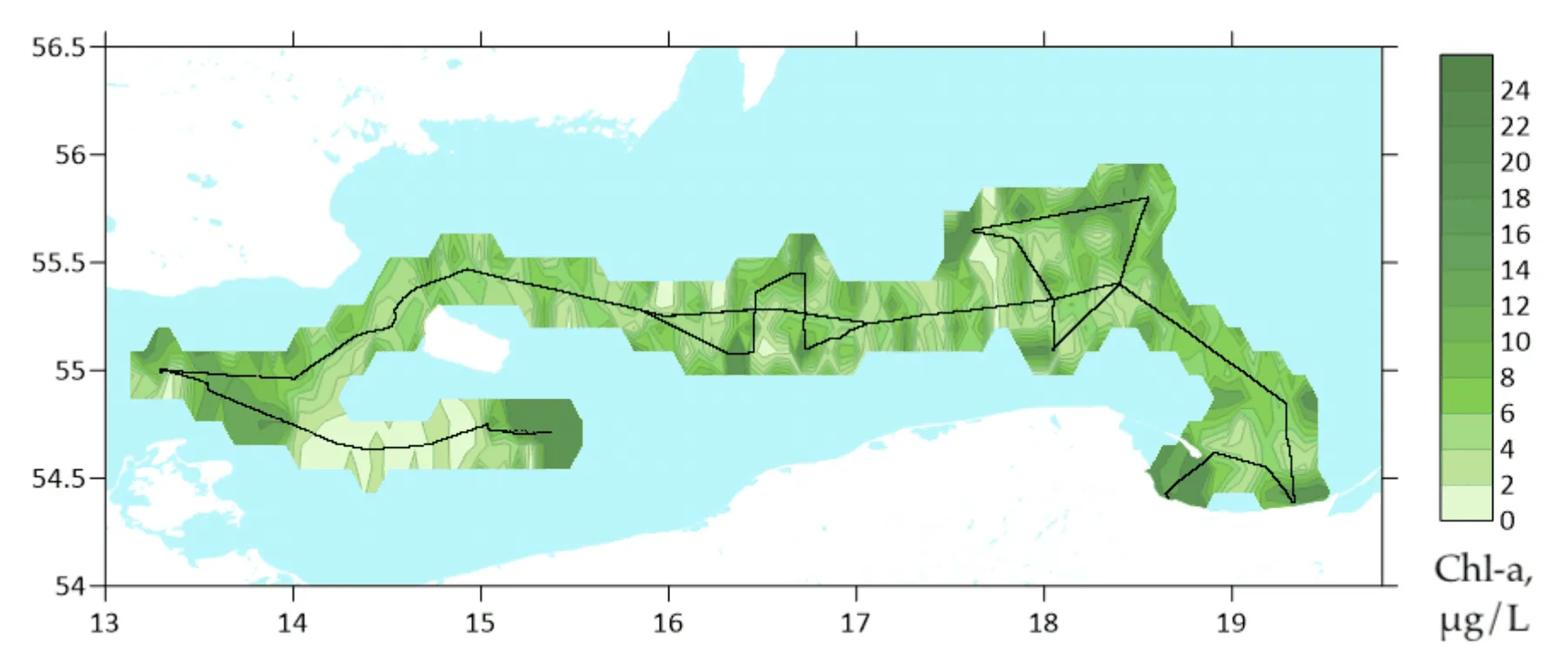Interpolated chlorophyll a field mapped along the lidar track, Arkona Basin to Gdańsk Bay, Arkona Basin to Gdansk Bay, 2015