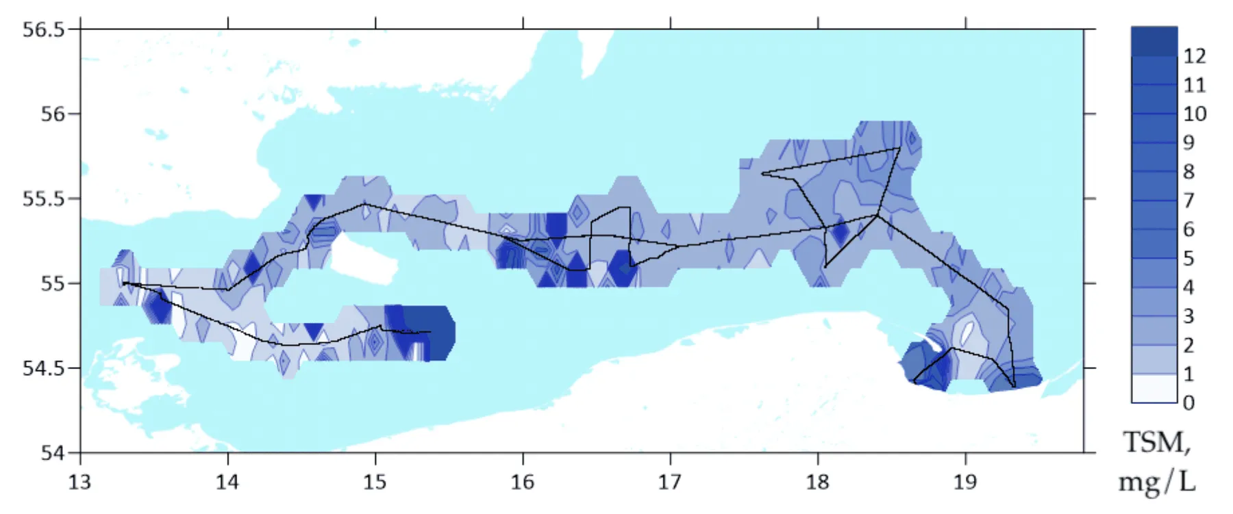Interpolated total suspended matter field mapped along the lidar track, Arkona Basin to Gdańsk Bay, Arkona Basin to Gdansk Bay, 2015