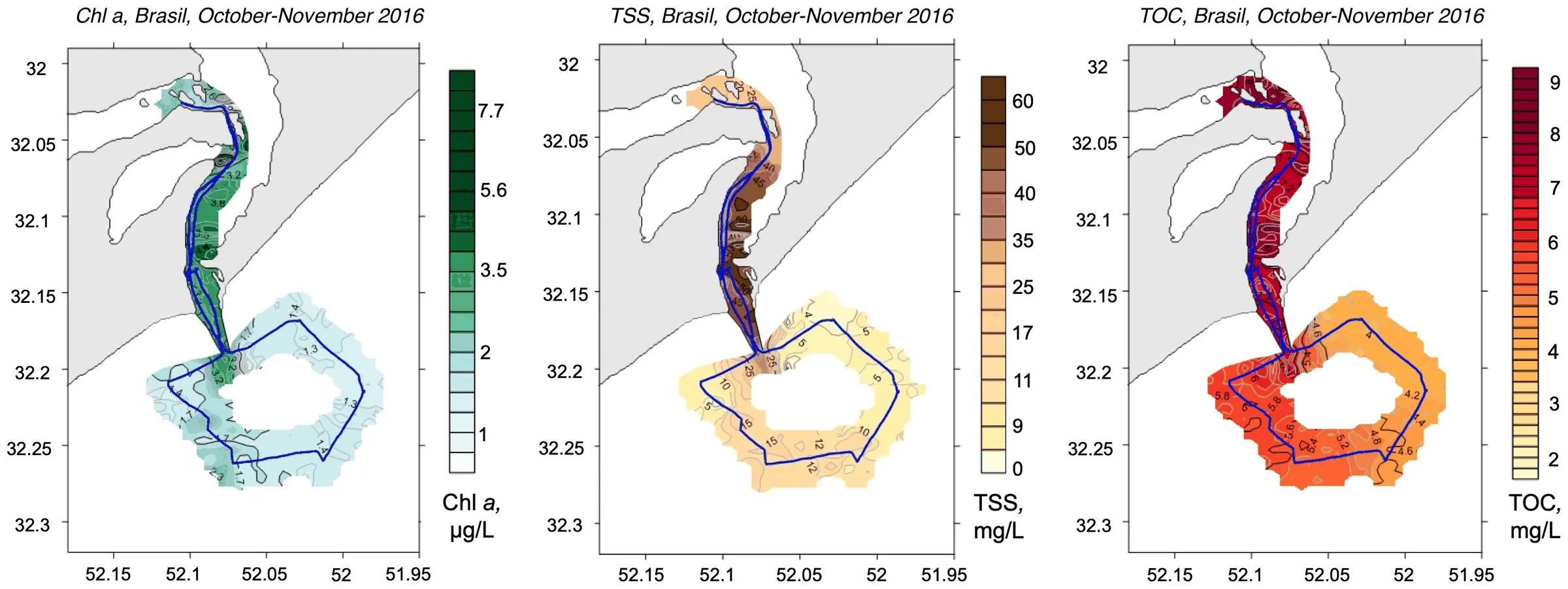 Three interpolated survey maps of Patos Lagoon, Brazil, October–November 2016: chlorophyll a in µg/L, total suspended matter and total organic carbon in mg/L, each over the same vessel track