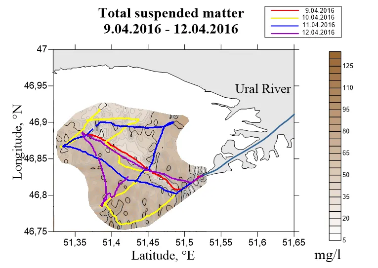 Interpolated total suspended matter field mapped along the lidar track, Northern Caspian off the Ural delta, 2016