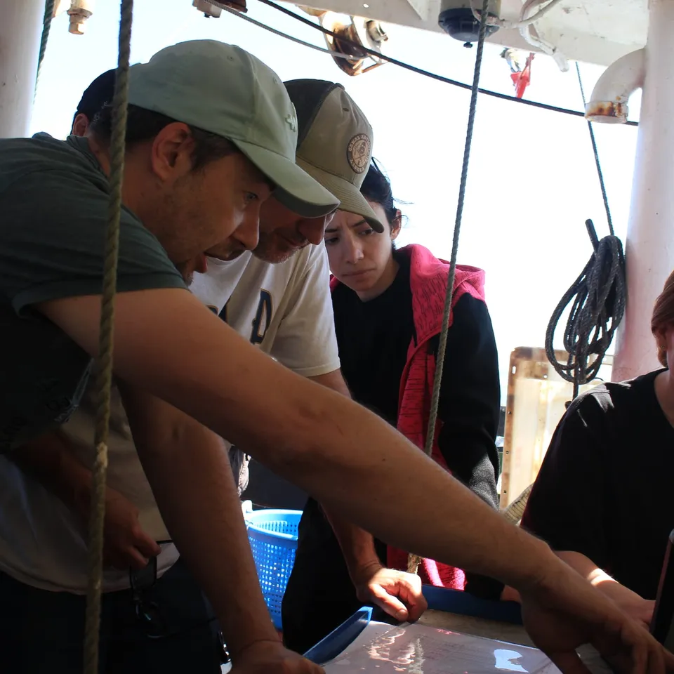 Researchers working together aboard a survey vessel