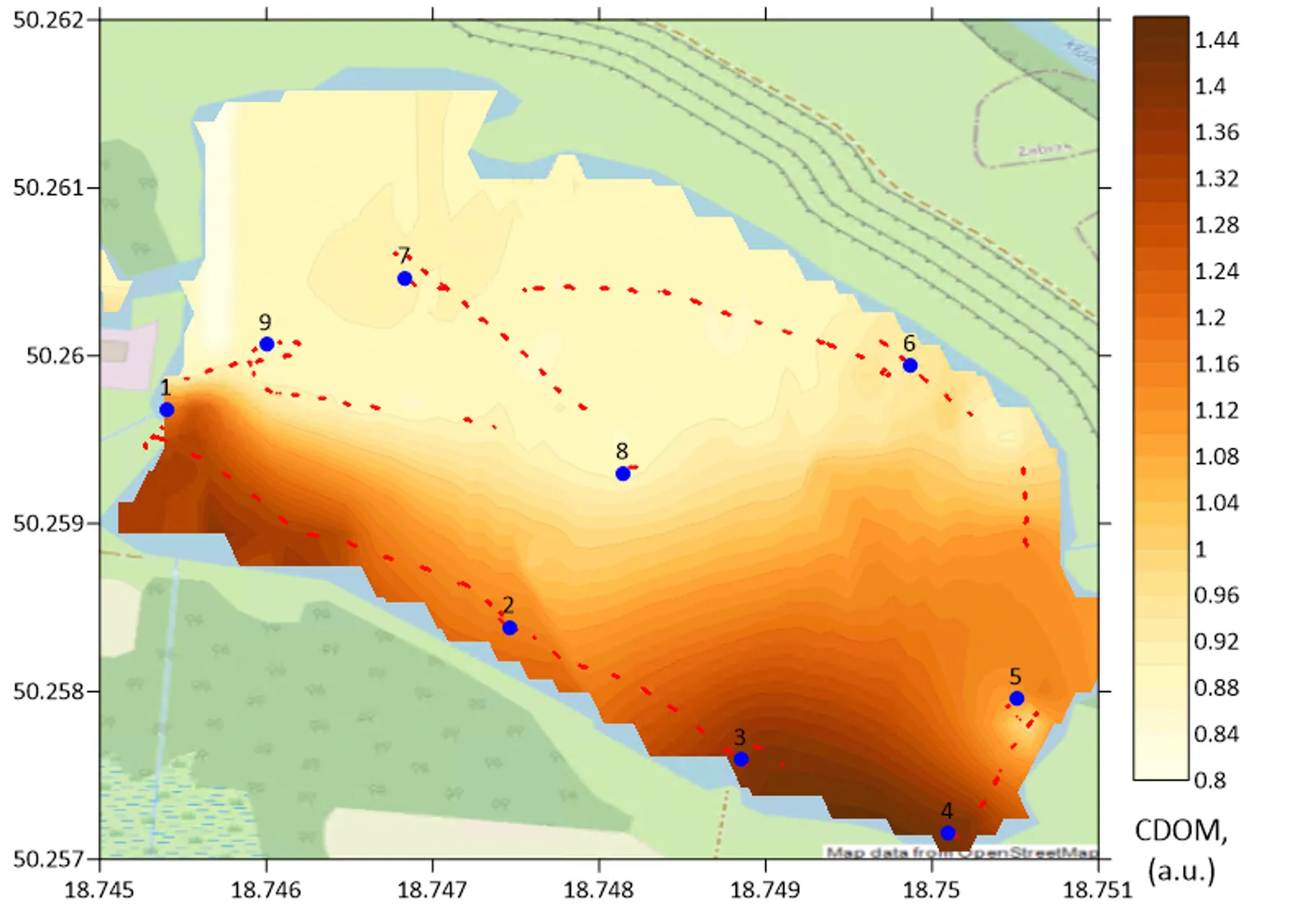 Interpolated CDOM field along the LIFL-11 track, 0.8 to 1.44 a.u. across nine sampling stations, Farskie Lake, 19 June 2026