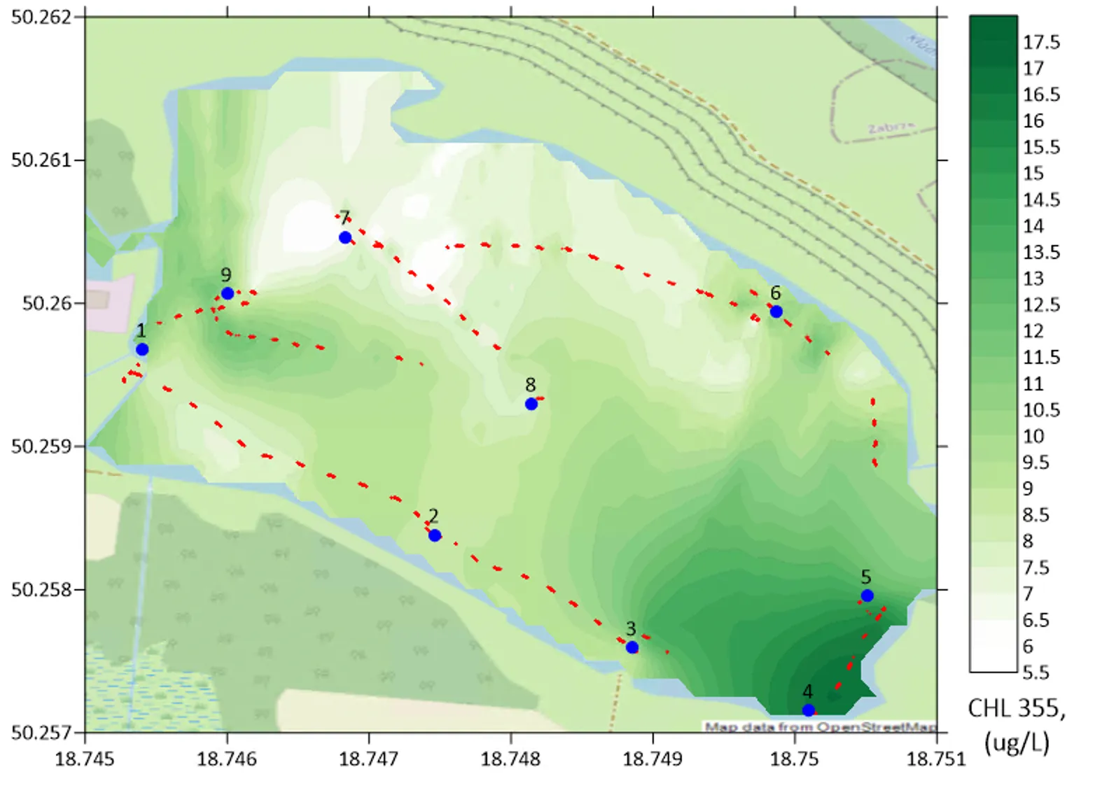 Interpolated chlorophyll a field from the calibrated 355 nm channel along the LIFL-11 track, 5.5 to 17.5 µg/L across nine sampling stations, Farskie Lake, 19 June 2026