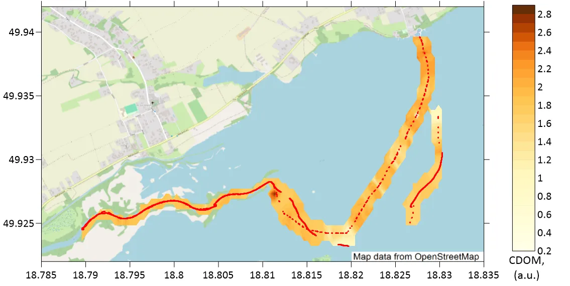 Preliminary interpolated CDOM field along the LIFL-11 track in the western arm of Goczałkowice Reservoir, 0.2 to 2.8 a.u., 16 June 2026