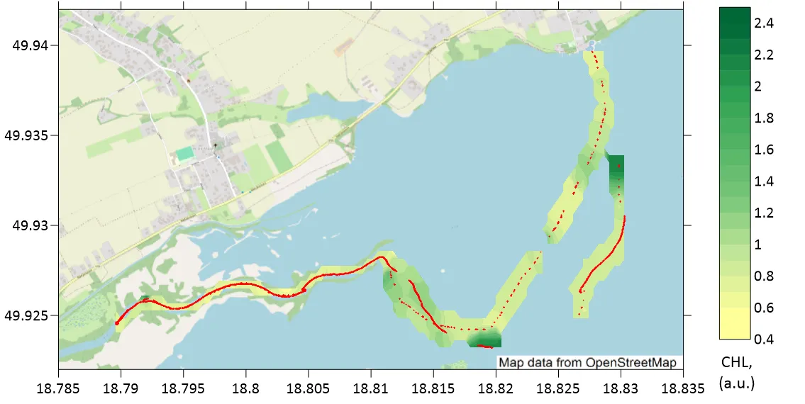 Preliminary interpolated chlorophyll field along the LIFL-11 track in the western arm of Goczałkowice Reservoir, 0.4 to 2.4 a.u., 16 June 2026