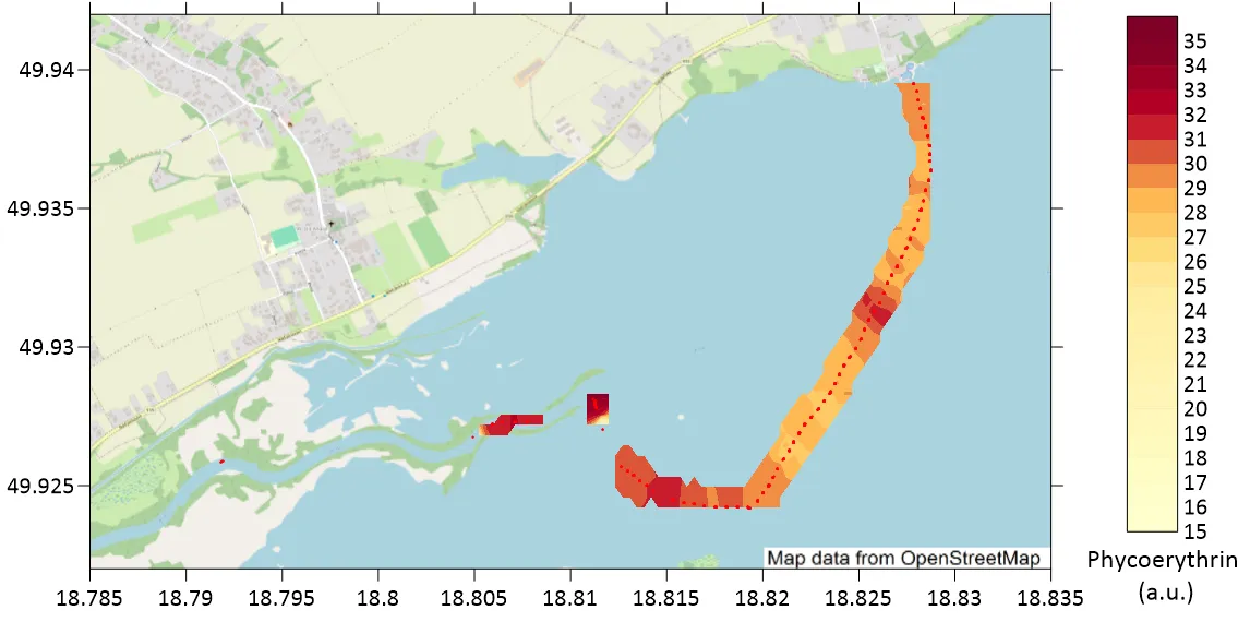 Preliminary interpolated phycoerythrin field along the LIFL-11 track in the western arm of Goczałkowice Reservoir, 15 to 35 a.u., 16 June 2026
