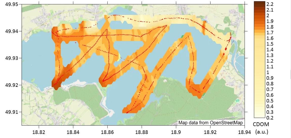 Preliminary interpolated CDOM field along the LIFL-11 track over the full length of Goczałkowice Reservoir, 0.2 to 2.2 a.u., 17 June 2026