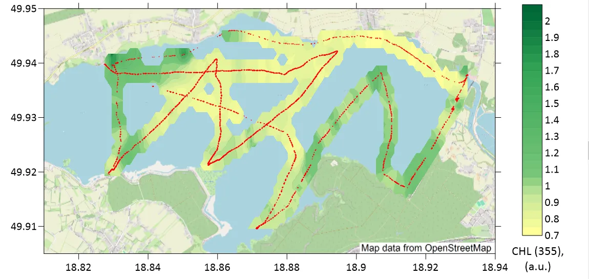 Preliminary interpolated chlorophyll field on the 355 nm laser along the LIFL-11 track over the full length of Goczałkowice Reservoir, 0.7 to 2 a.u., 17 June 2026