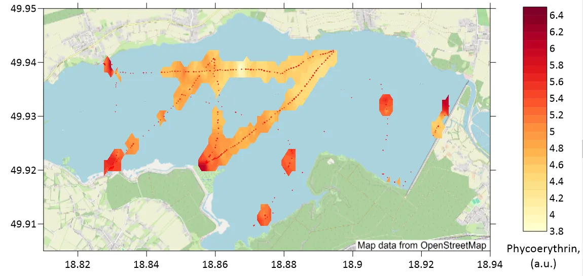 Preliminary interpolated phycoerythrin field along the LIFL-11 track over Goczałkowice Reservoir, 3.8 to 6.4 a.u., 17 June 2026