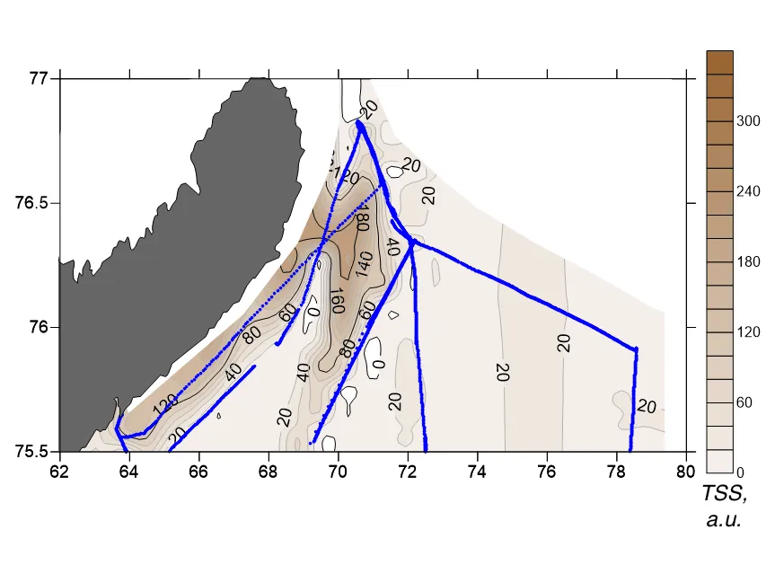 Interpolated total suspended matter field mapped along the lidar track, Kara Sea, July 2016