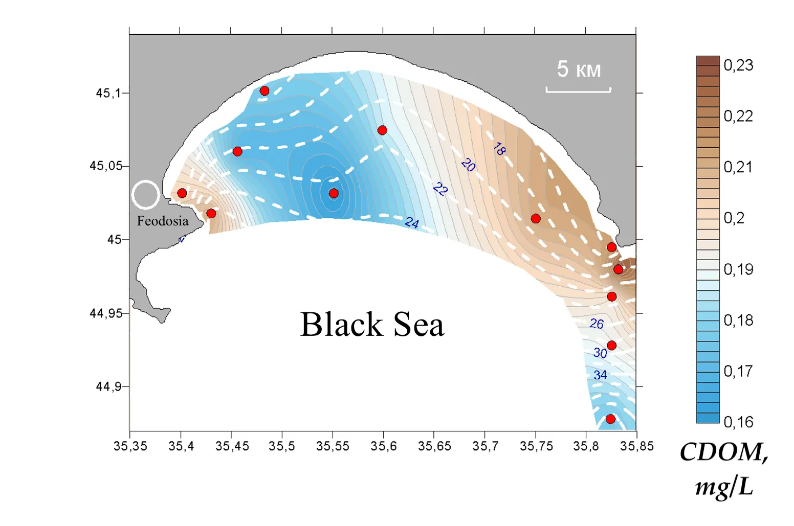 Interpolated CDOM field mapped along the lidar track, Gulf of Feodosia, 19 May 2015