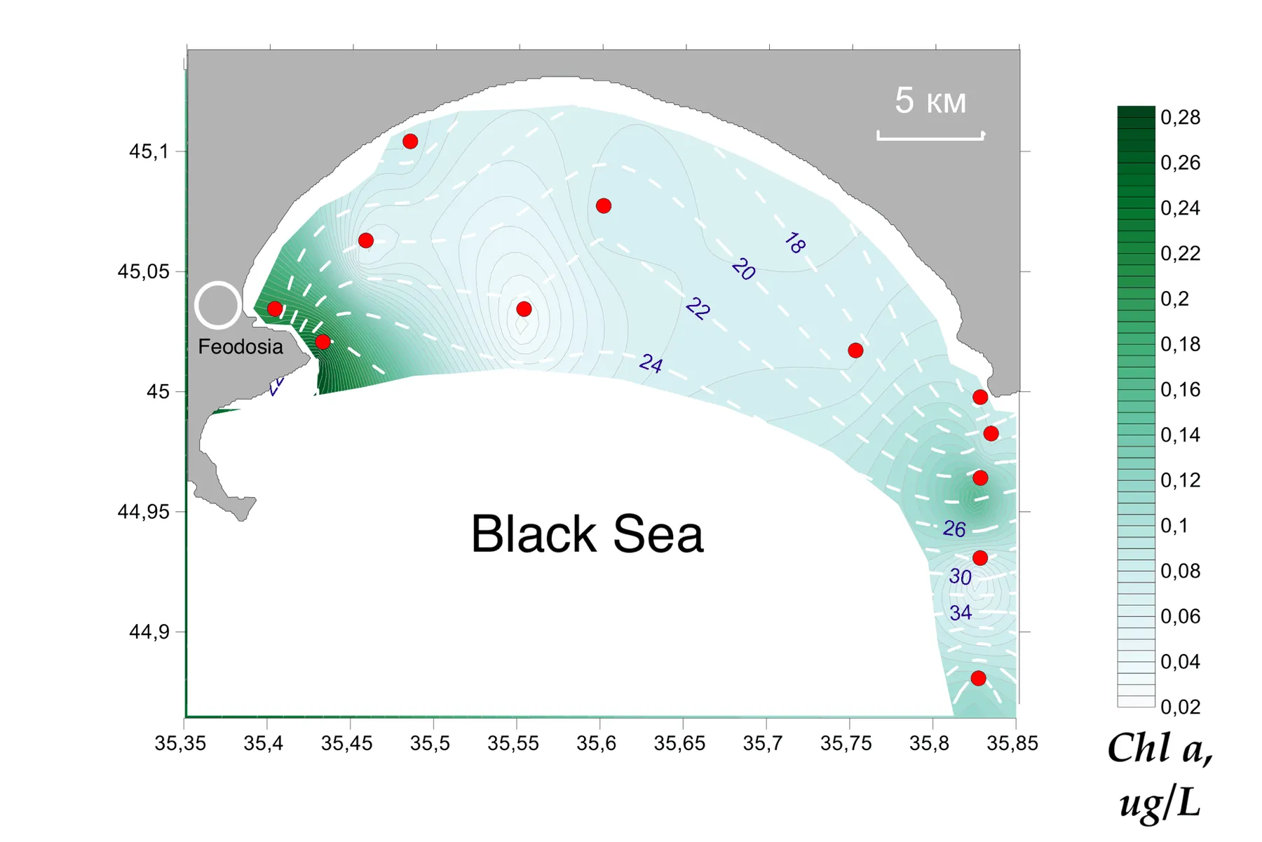Interpolated chlorophyll a field mapped along the lidar track, Gulf of Feodosia, 19 May 2015