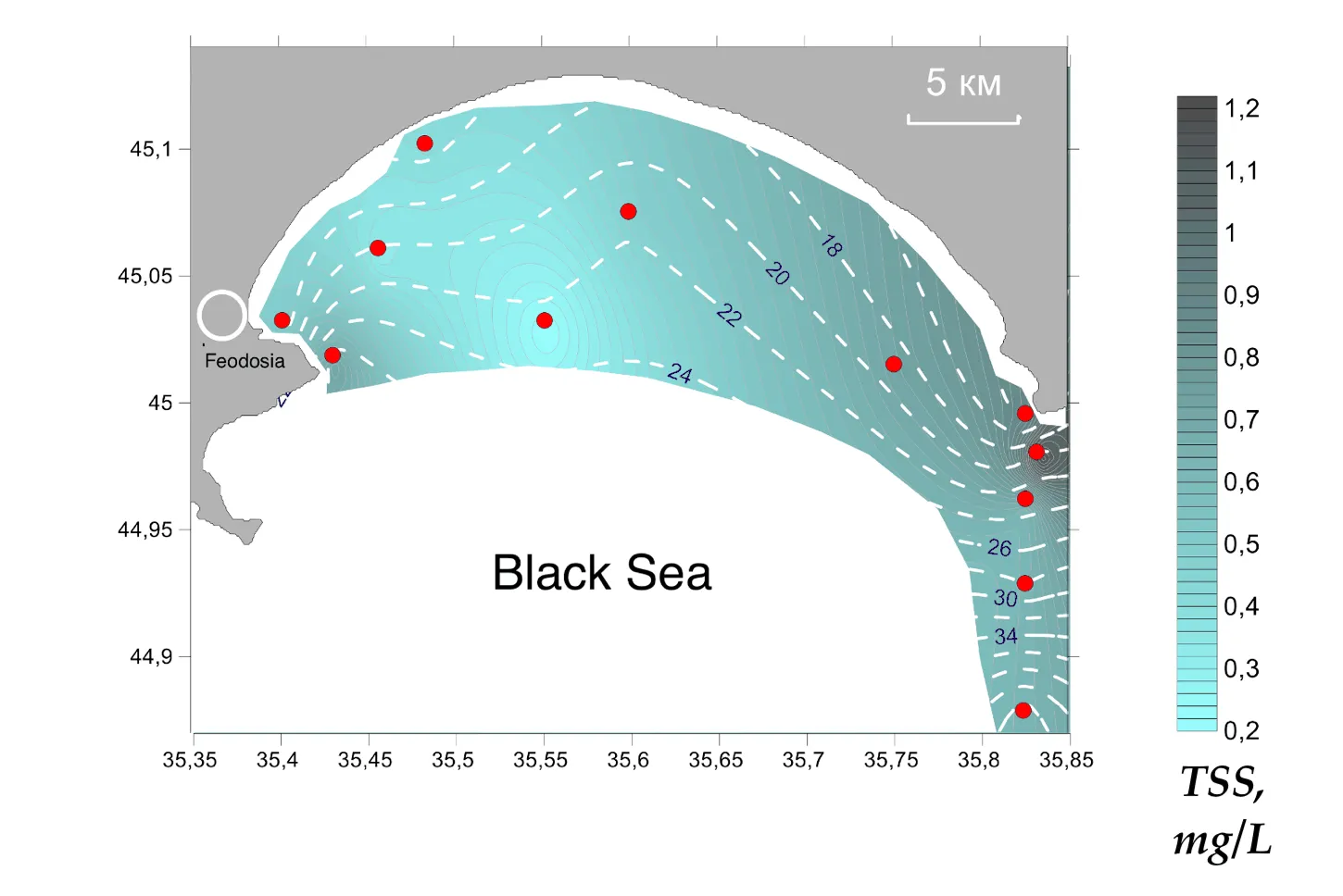 Interpolated total suspended matter field mapped along the lidar track, Gulf of Feodosia, 19 May 2015