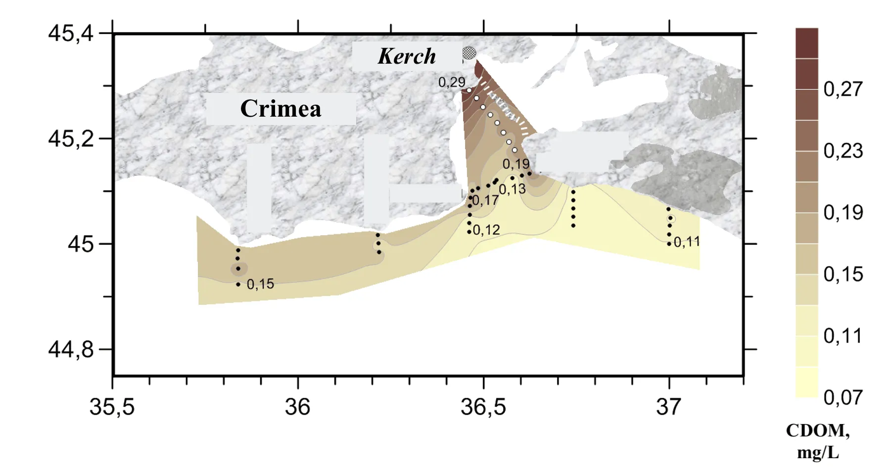 Interpolated CDOM field mapped along the lidar track, Gulf of Feodosia, July 2020