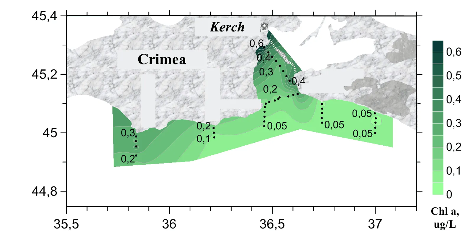 Interpolated chlorophyll a field mapped along the lidar track, Gulf of Feodosia, July 2020