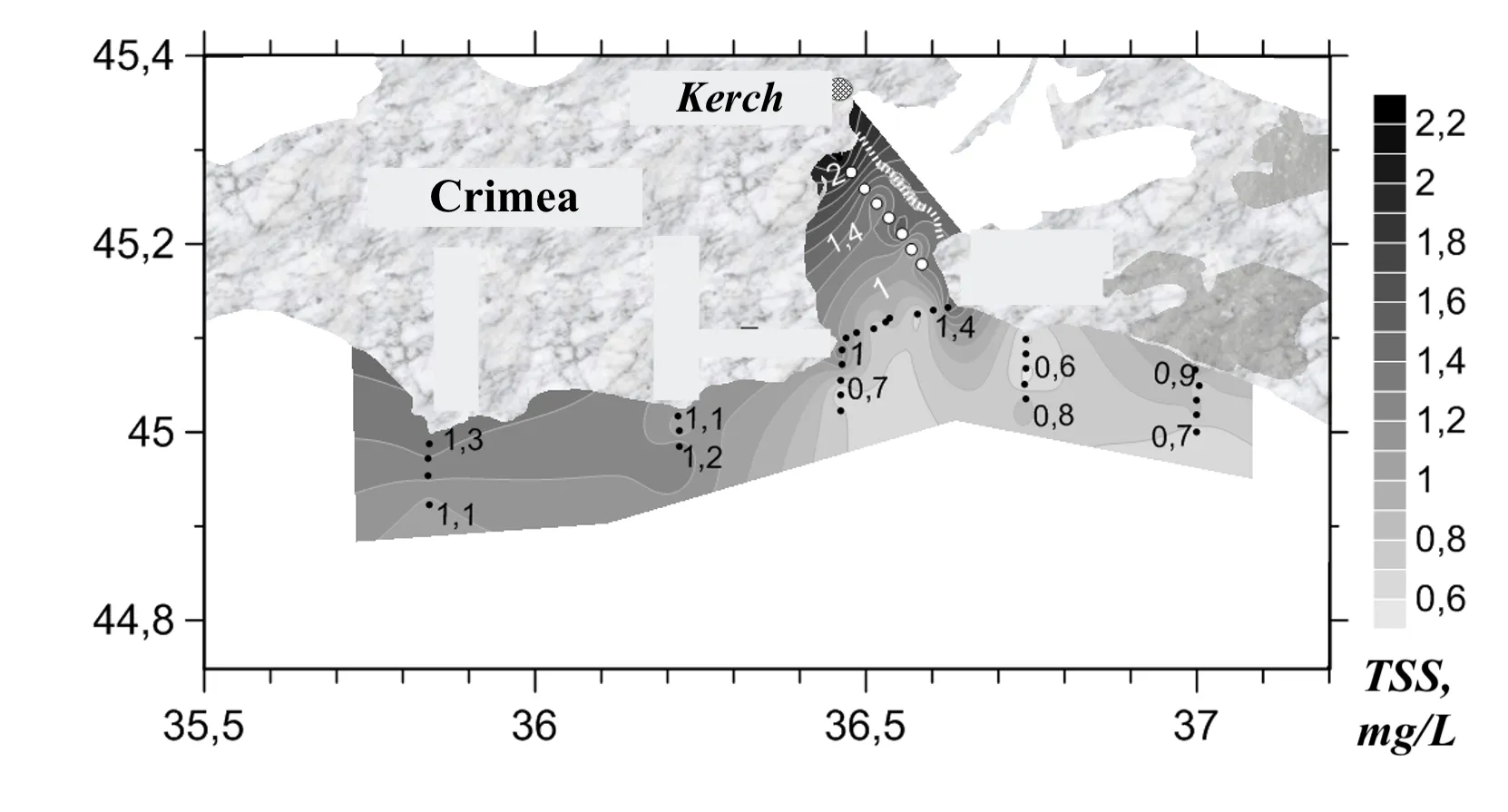 Interpolated total suspended matter field mapped along the lidar track, Gulf of Feodosia, July 2020
