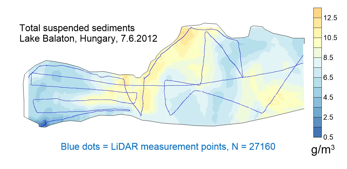 Interpolated total suspended matter field mapped along the lidar track, Lake Balaton, Whole-lake composite