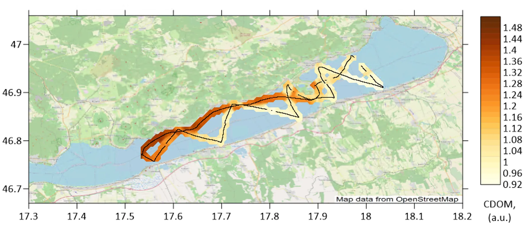 Preliminary interpolated CDOM field along the LIFL-11 track over the eastern half of Lake Balaton, 0.92 to 1.48 a.u., highest towards the west, 11 August 2026