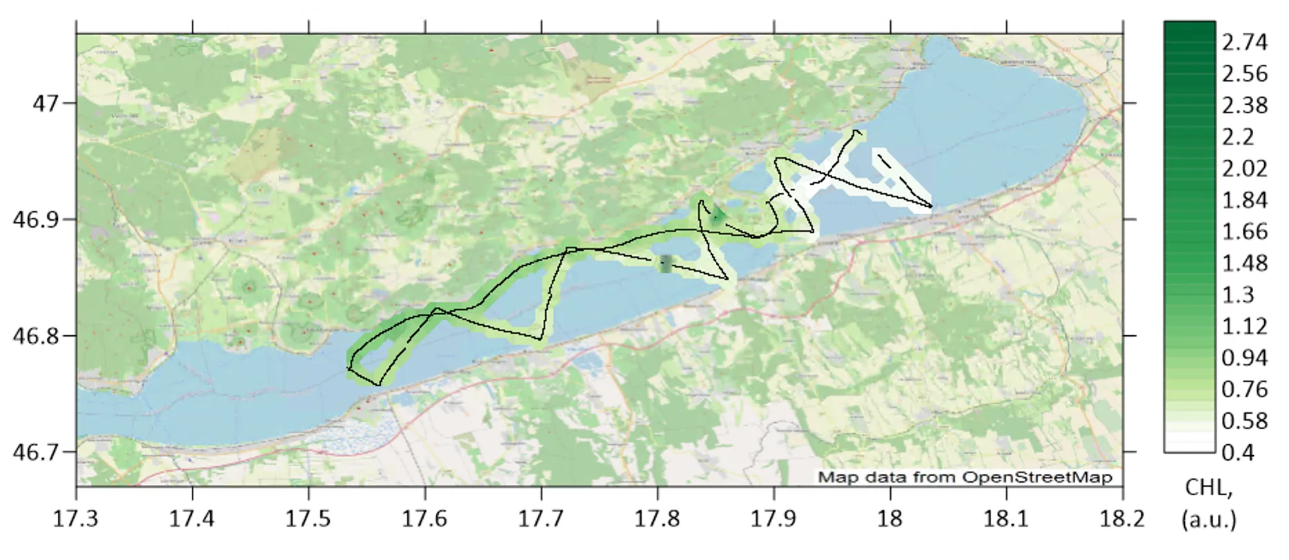 Preliminary interpolated chlorophyll field along the LIFL-11 track over the eastern half of Lake Balaton, 0.4 to 2.74 a.u., 11 August 2026