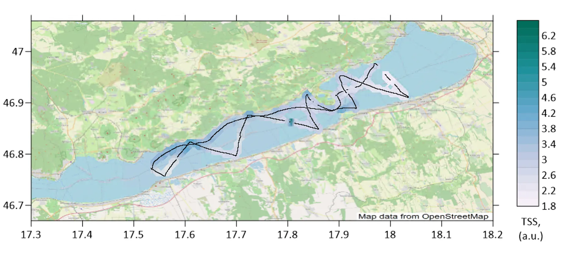 Preliminary interpolated suspended solids field along the LIFL-11 track over the eastern half of Lake Balaton, 1.8 to 6.2 a.u., 11 August 2026