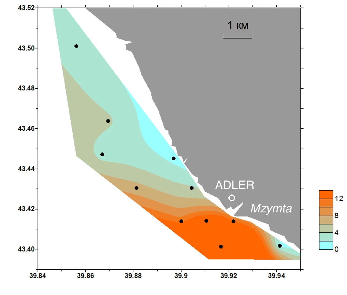 Interpolated total suspended matter field mapped along the lidar track, Sochi shelf, 27 May 2010