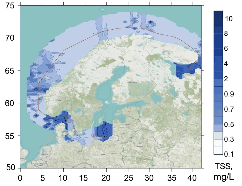 Interpolated total suspended matter field mapped along the lidar track, Baltic, North, Norwegian, Barents seas, Baltic leg