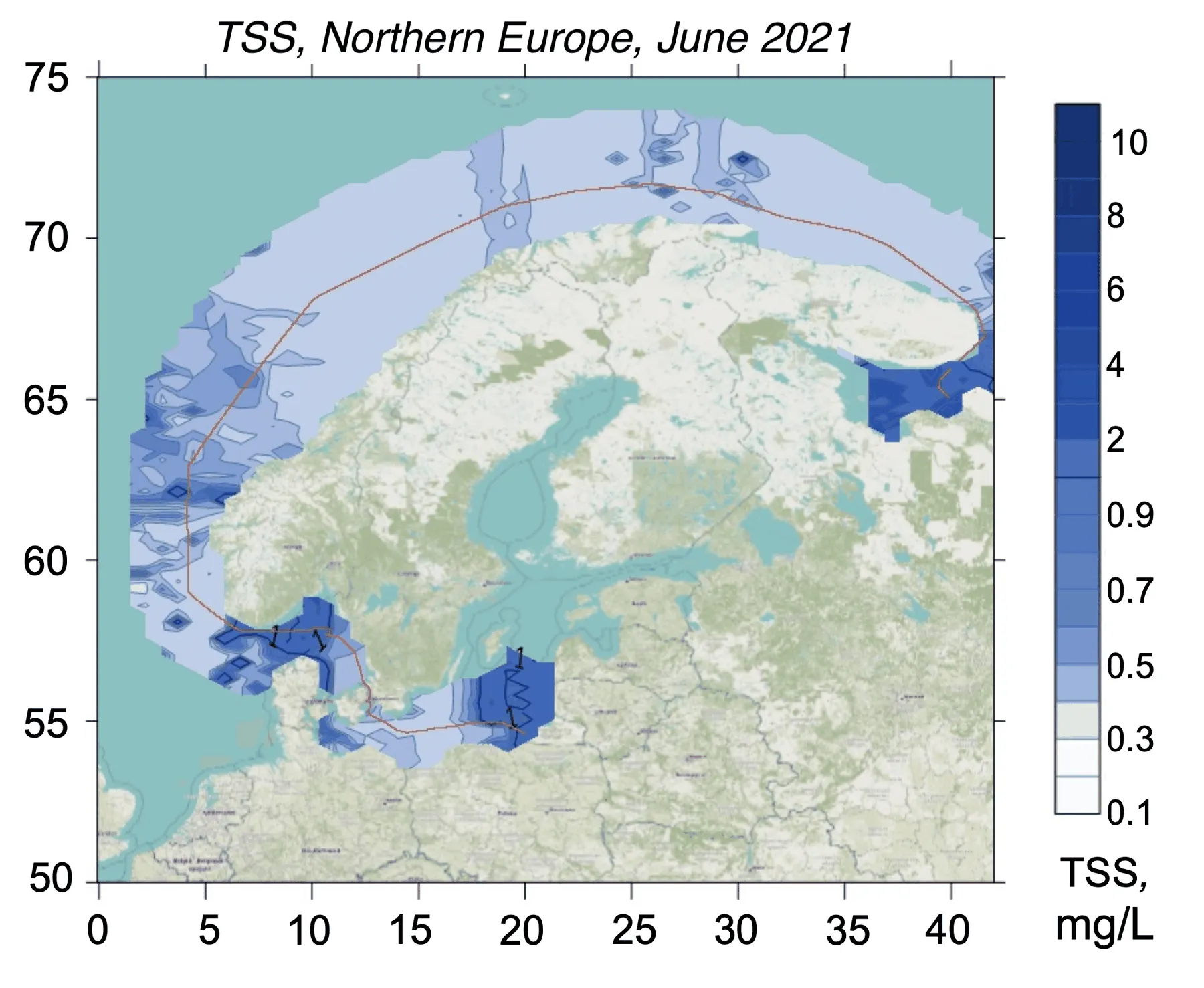 Interpolated total suspended matter field mapped along the lidar track, Baltic, North, Norwegian, Barents seas, Five-sea composite