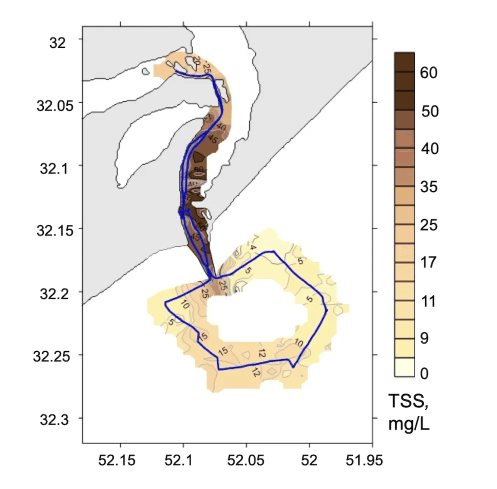 Interpolated total suspended matter field mapped along the lidar track, Patos Lagoon mouth, Brazil, 2016 campaign
