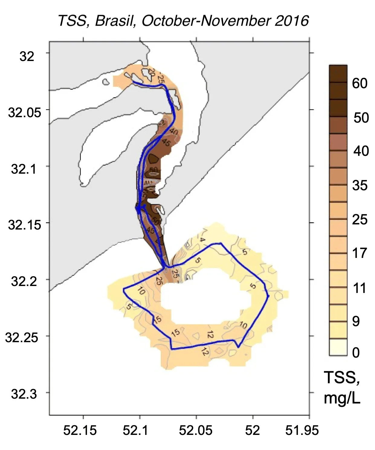 Interpolated total suspended matter field mapped along the lidar track, Patos Lagoon mouth, Brazil, Plume composite