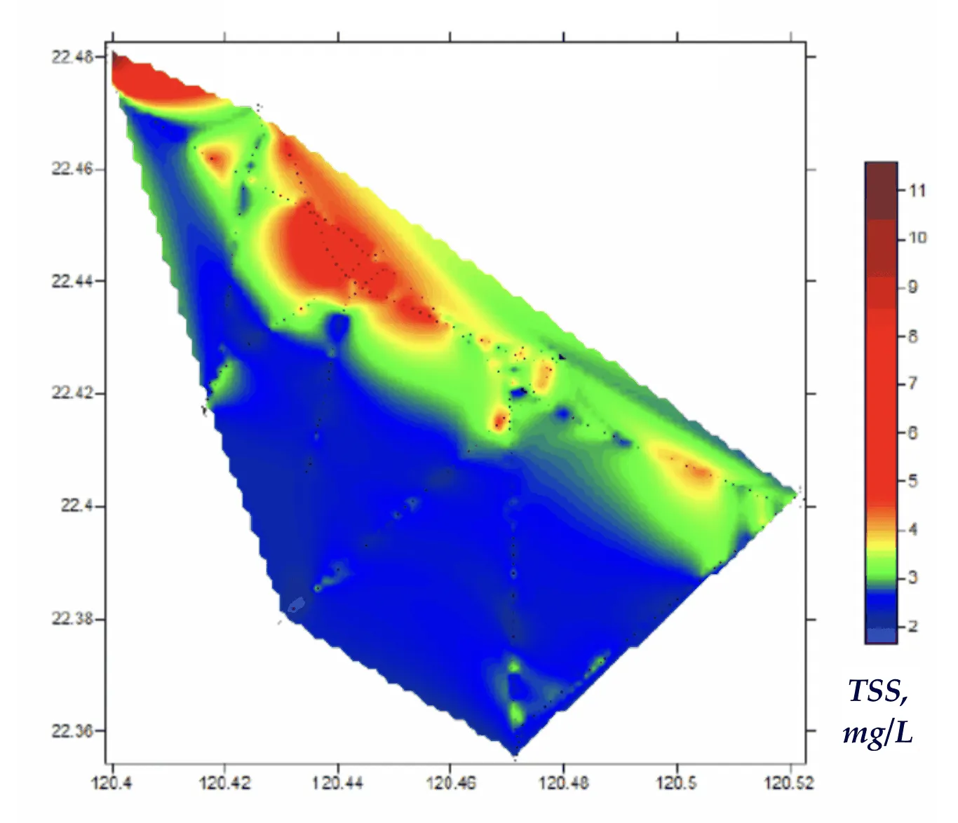 Interpolated total suspended matter field mapped along the lidar track, Taiwan Strait, 2009 campaign