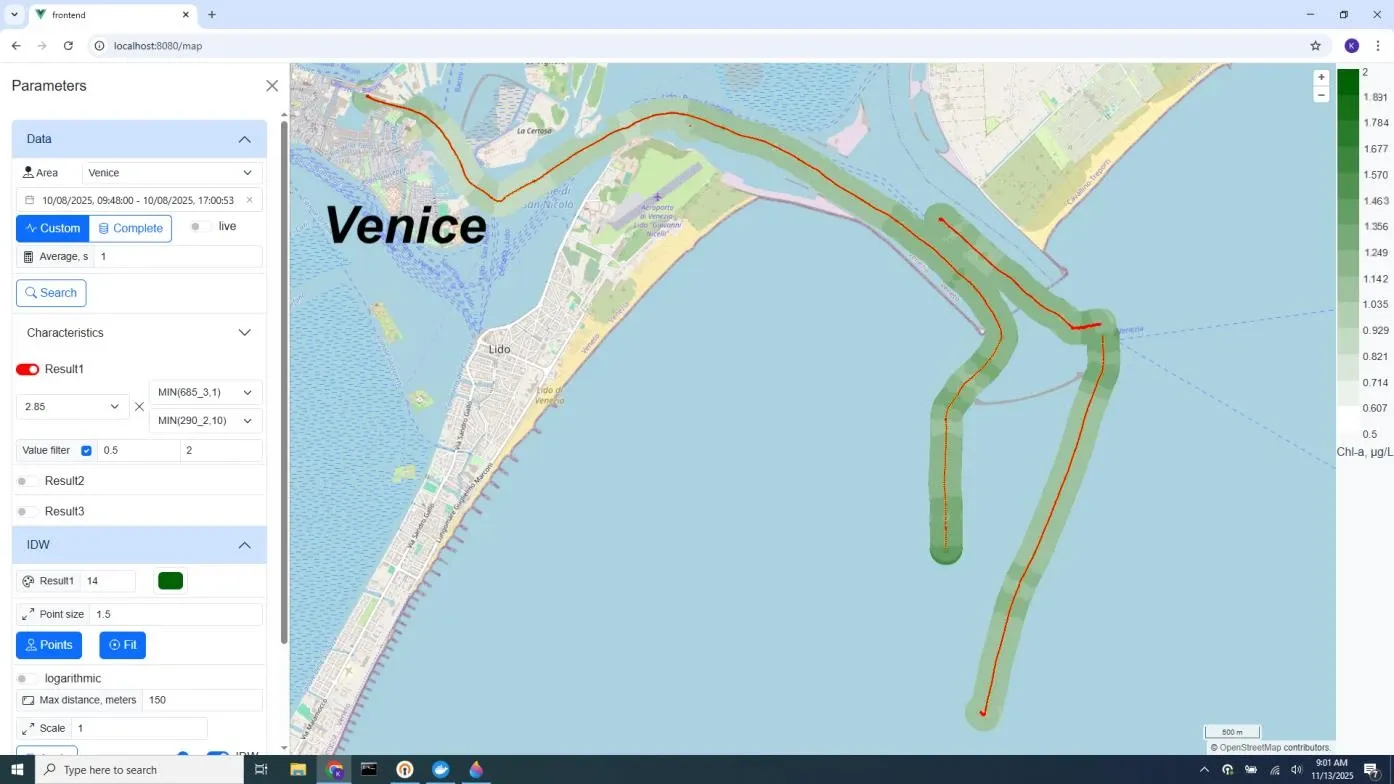 Surface chlorophyll-a mapping on 8 October 2025, calibrated against water samples
