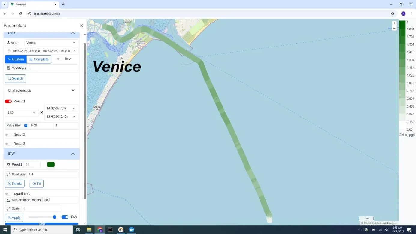 Surface chlorophyll-a mapping on 9 October 2025, first part of the track