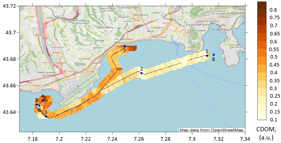 Surface CDOM fluorescence at 440 nm, Raman-normalised signal; preliminary field-report figure